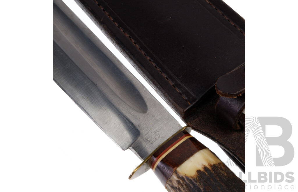 Bowie Knife in Solingen Steel with Antler Handle by Widder, German in Leather Scabbard