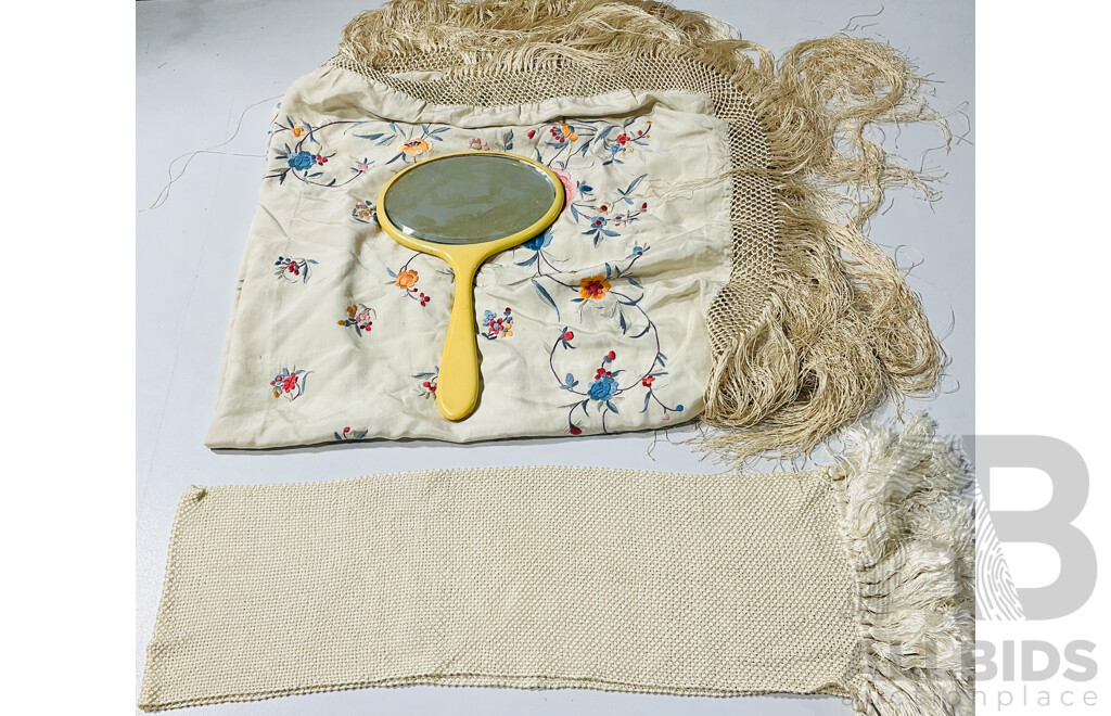 Vintage Handheld Mirror and Vintage Square Table Cloth