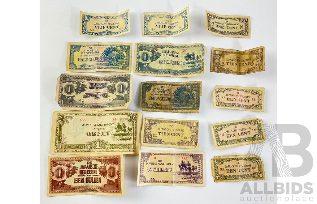 Collection of World War Two Japanese Occupation Banknotes Including Netherlands Indies, Oceania, Malaya