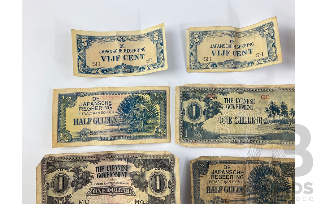 Collection of World War Two Japanese Occupation Banknotes Including Netherlands Indies, Oceania, Malaya