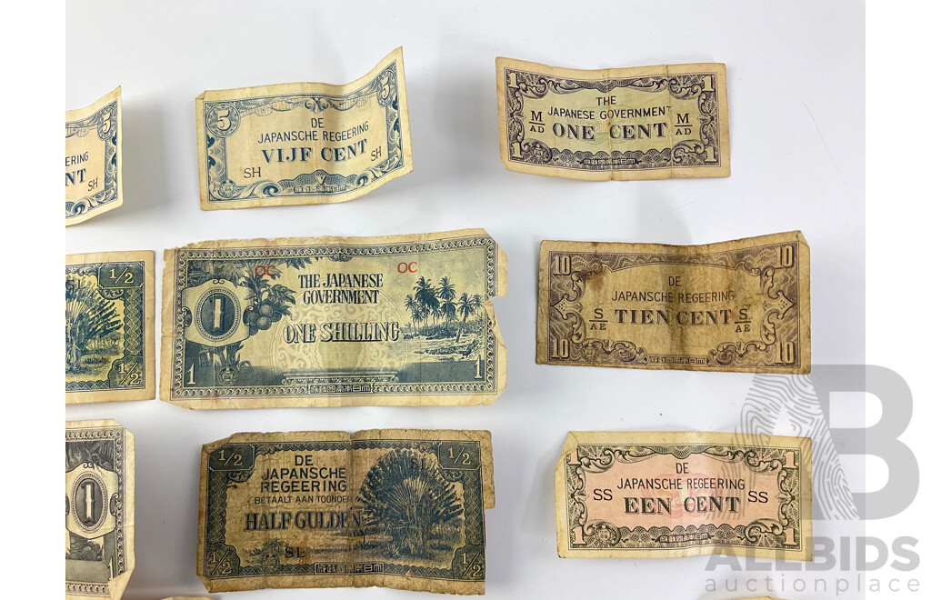 Collection of World War Two Japanese Occupation Banknotes Including Netherlands Indies, Oceania, Malaya