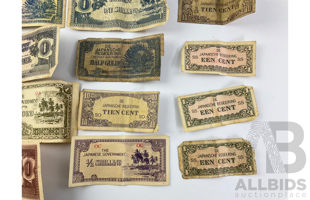 Collection of World War Two Japanese Occupation Banknotes Including Netherlands Indies, Oceania, Malaya