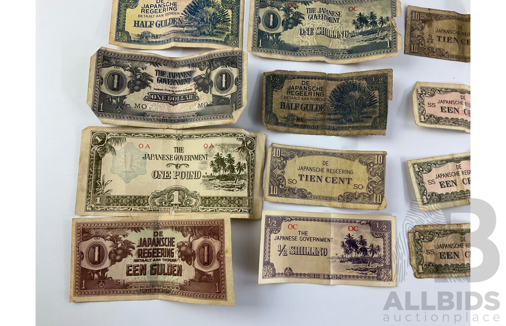 Collection of World War Two Japanese Occupation Banknotes Including Netherlands Indies, Oceania, Malaya