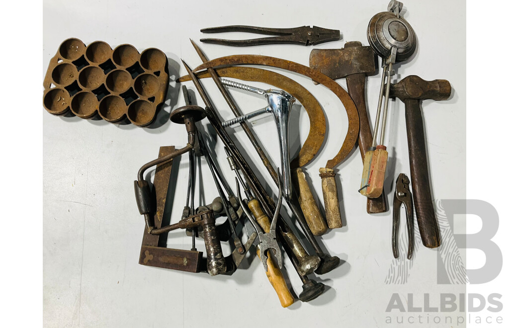 Large Collection of Antique Gardening and Other Tools Including Pair of Sickles, Stakes, Hammers and More