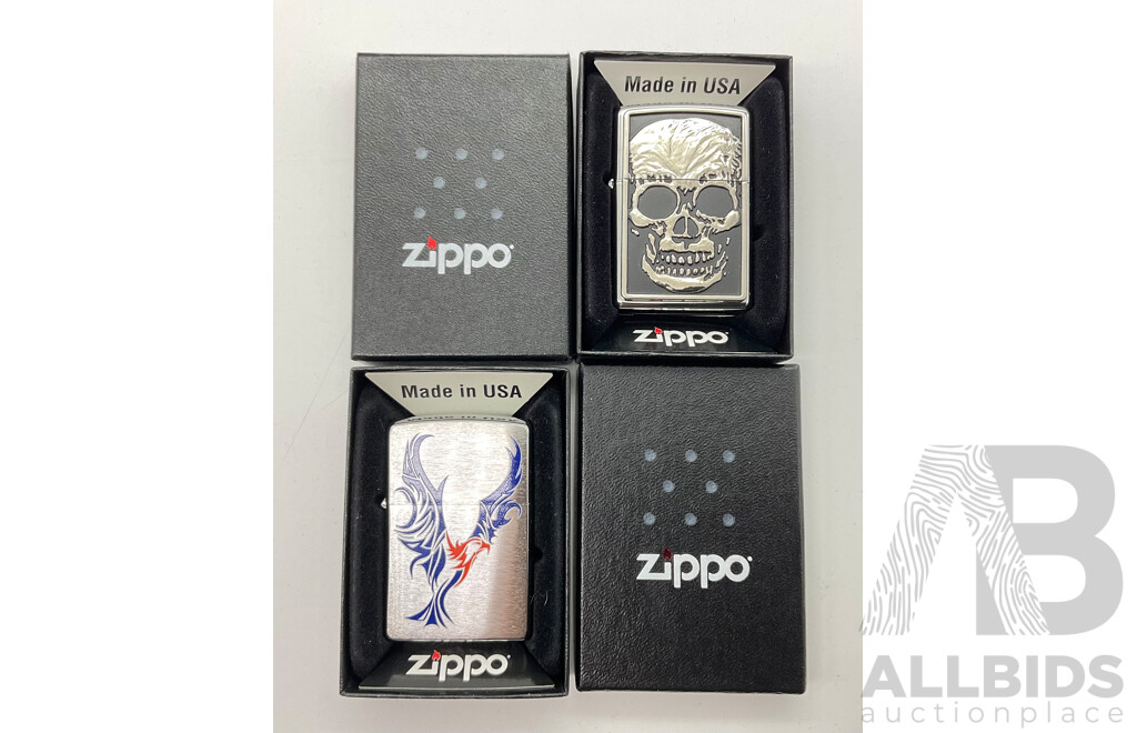 Two Zippo Lighters in Original Cases, X-Ray Skull and Tattoo Eagle, Made in USA