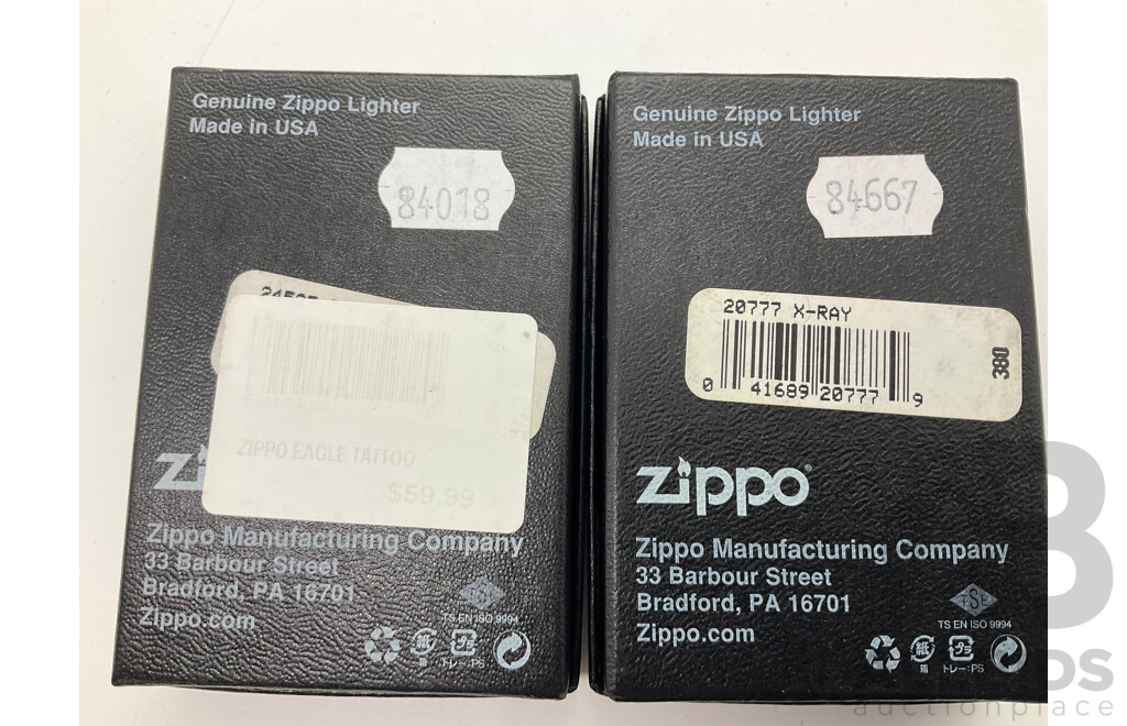 Two Zippo Lighters in Original Cases, X-Ray Skull and Tattoo Eagle, Made in USA