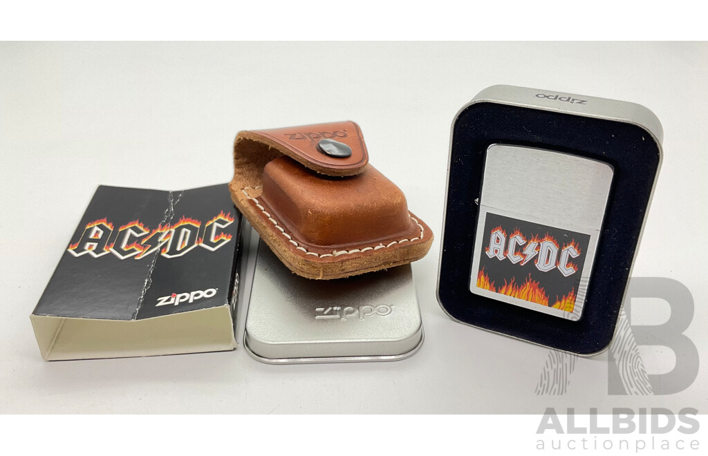 Zippo Lighter in Original Steel Case, AC/DC Flames and Leather Belt Pouch, Made in USA