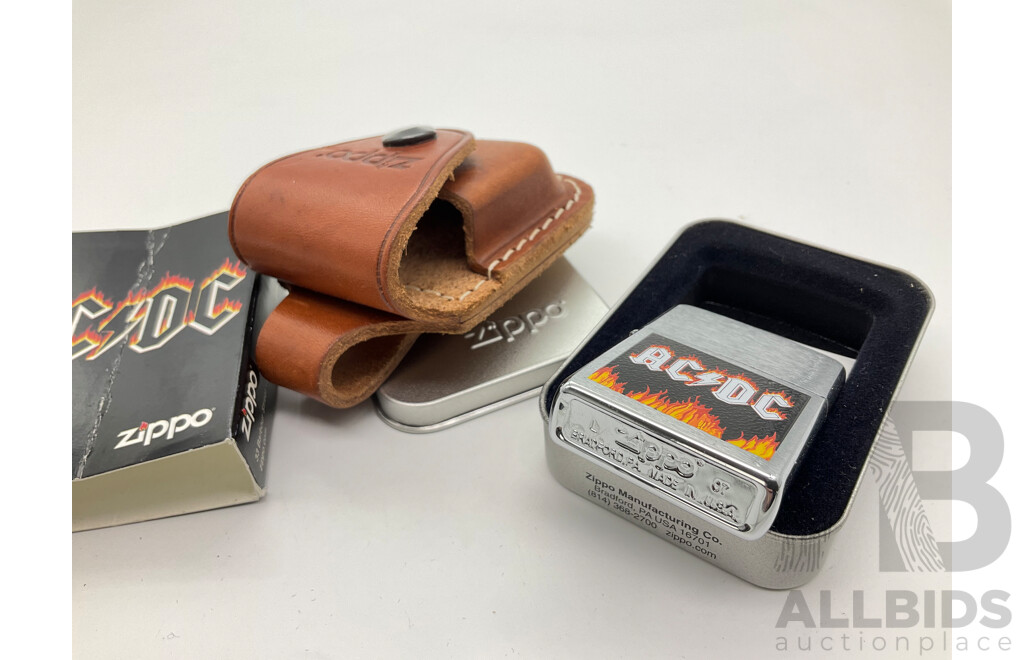 Zippo Lighter in Original Steel Case, AC/DC Flames and Leather Belt Pouch, Made in USA