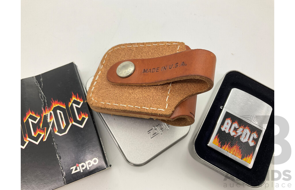 Zippo Lighter in Original Steel Case, AC/DC Flames and Leather Belt Pouch, Made in USA