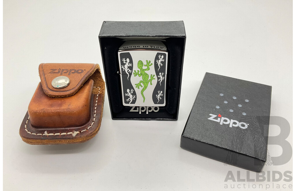 Zippo Lighter in Original Case, Green Lizard and Leather Belt Pouch, Made in USA