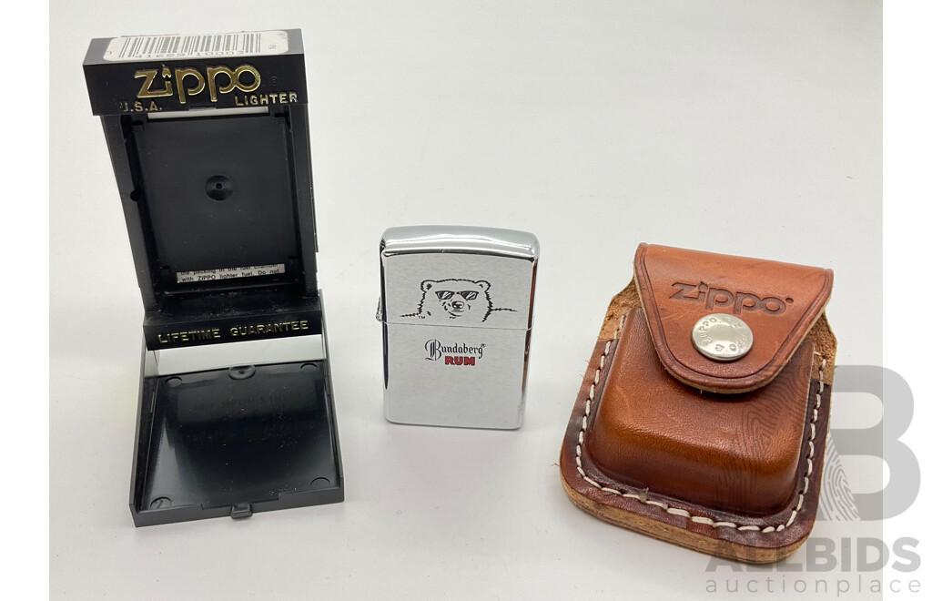 Zippo Lighter in Original Case, Bundaberg Rum and Leather Belt Pouch, Made in USA