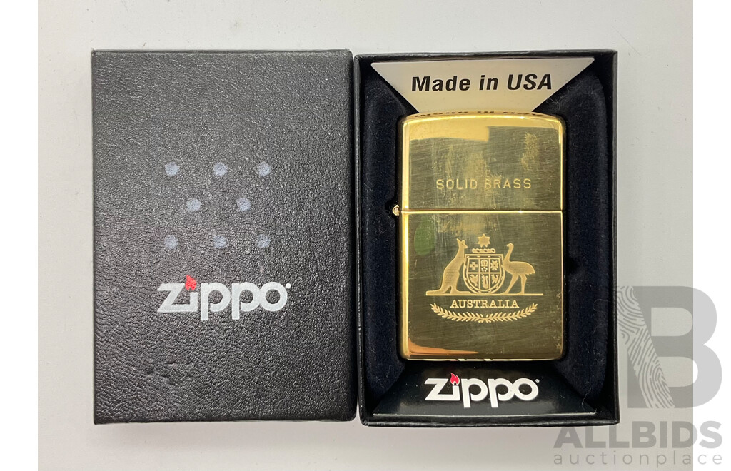 Zippo Lighter in Original Case, Solid Brass Australian Coat of Arms, Made in USA