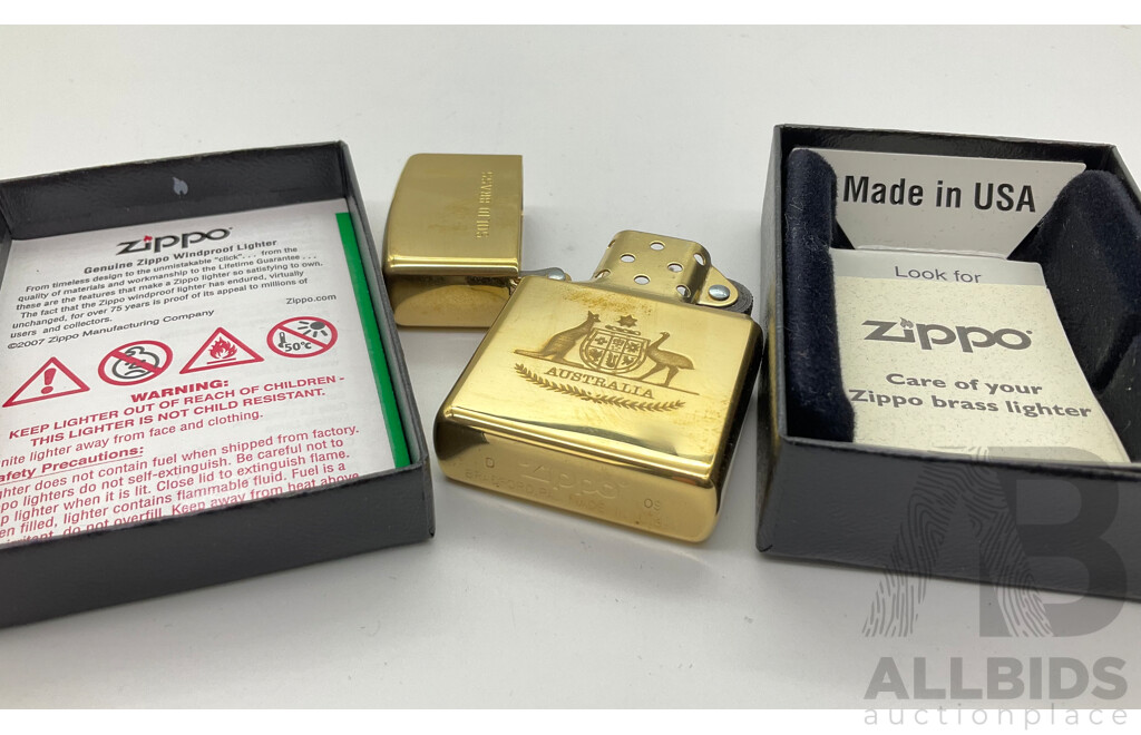 Zippo Lighter in Original Case, Solid Brass Australian Coat of Arms, Made in USA