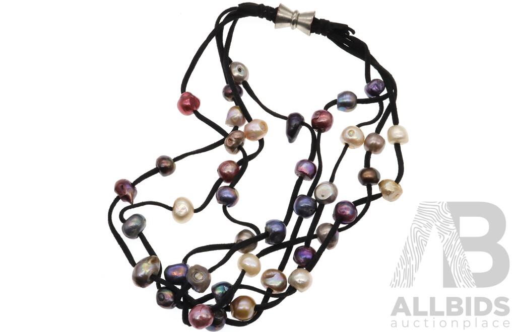 Coloured Freshwater Cultured Pearl Multi Strand Necklet on Black Suede Cord, 45cm