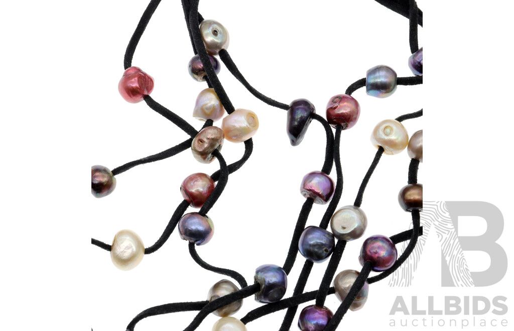 Coloured Freshwater Cultured Pearl Multi Strand Necklet on Black Suede Cord, 45cm