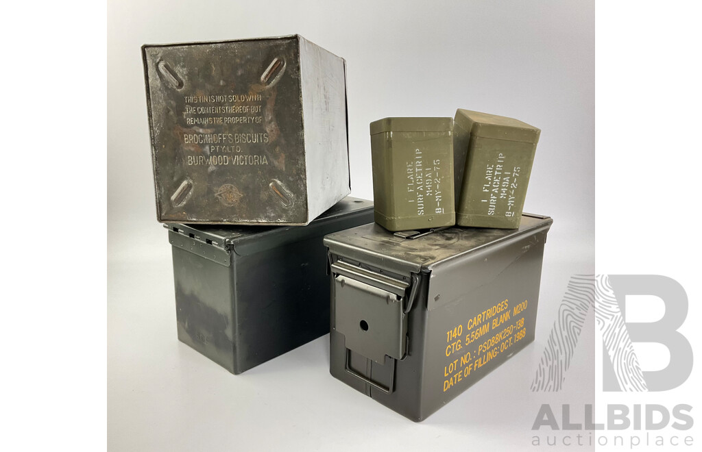 Vintage Steel Ammunition and Flare Boxes with Willow Brockhoff's Biscuits Tin