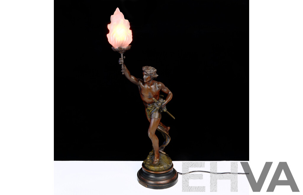 Antique Patinated Hollow Bronze Statue, Gloria, with Light Up Torch, After Jean Baptiste Germain