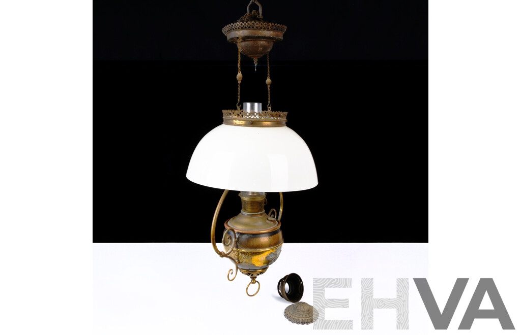 Fantastic Antique Miller Juno Lamp Hanging Oil Lamp with Brass and Copper Fittings, Glass Shade, Glass Chimney and Ceiling Rose with Adjustable Hanging Mechanism