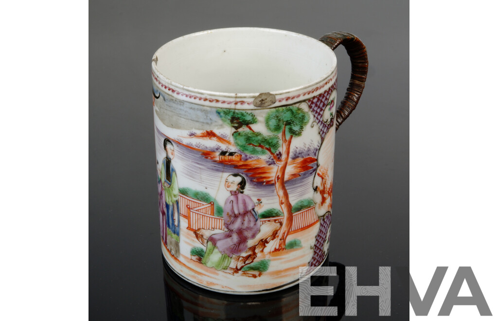 Antique Chinese Porcelain Export Ware Tankard with Bronze Handle, Circa 1780