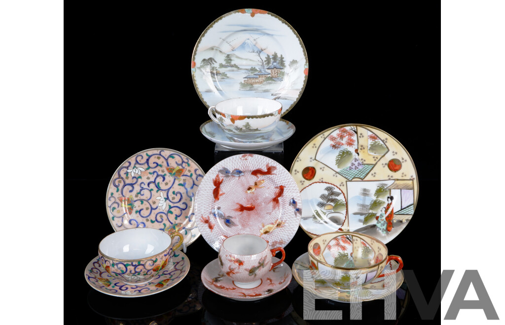 Collection Hand Painted Japanese Fine Porcelain Trios Including Example with Gold Fish Decoration