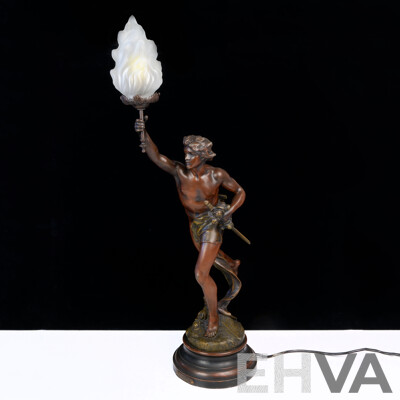 Antique Patinated Hollow Bronze Statue, Gloria, with Light Up Torch, After Jean Baptiste Germain