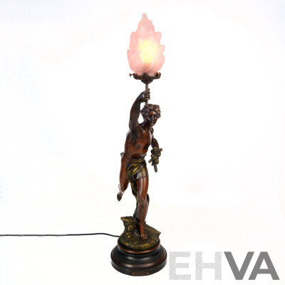 Antique Patinated Hollow Bronze Statue, Gloria, with Light Up Torch, After Jean Baptiste Germain