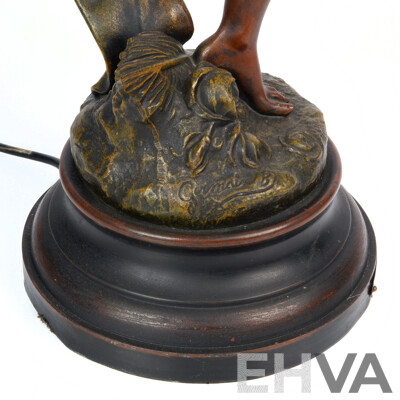 Antique Patinated Hollow Bronze Statue, Gloria, with Light Up Torch, After Jean Baptiste Germain