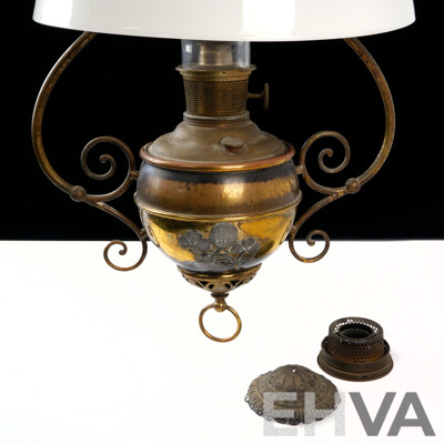 Fantastic Antique Miller Juno Lamp Hanging Oil Lamp with Brass and Copper Fittings, Glass Shade, Glass Chimney and Ceiling Rose with Adjustable Hanging Mechanism