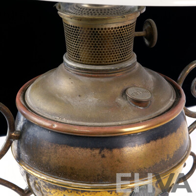 Fantastic Antique Miller Juno Lamp Hanging Oil Lamp with Brass and Copper Fittings, Glass Shade, Glass Chimney and Ceiling Rose with Adjustable Hanging Mechanism