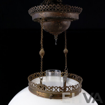 Fantastic Antique Miller Juno Lamp Hanging Oil Lamp with Brass and Copper Fittings, Glass Shade, Glass Chimney and Ceiling Rose with Adjustable Hanging Mechanism