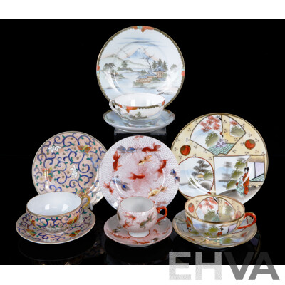 Collection Hand Painted Japanese Fine Porcelain Trios Including Example with Gold Fish Decoration