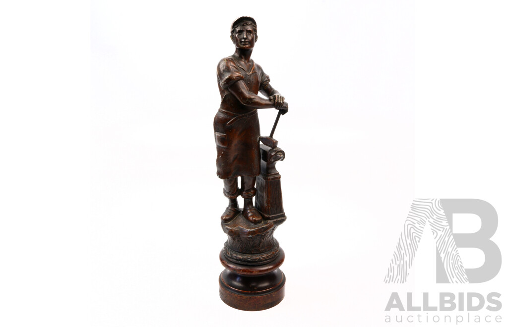 Antique Patinated Spelter Statue of Blacksmith on Wooden Plinth