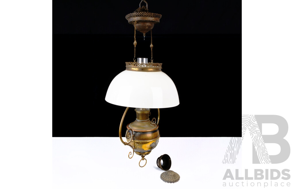 Fantastic Antique Miller Juno Lamp Hanging Oil Lamp with Brass and Copper Fittings, Glass Shade, Glass Chimney and Ceiling Rose with Adjustable Hanging Mechanism