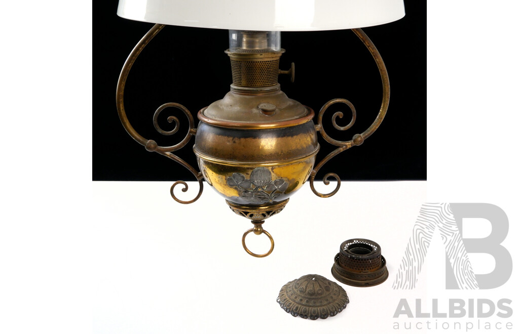 Fantastic Antique Miller Juno Lamp Hanging Oil Lamp with Brass and Copper Fittings, Glass Shade, Glass Chimney and Ceiling Rose with Adjustable Hanging Mechanism