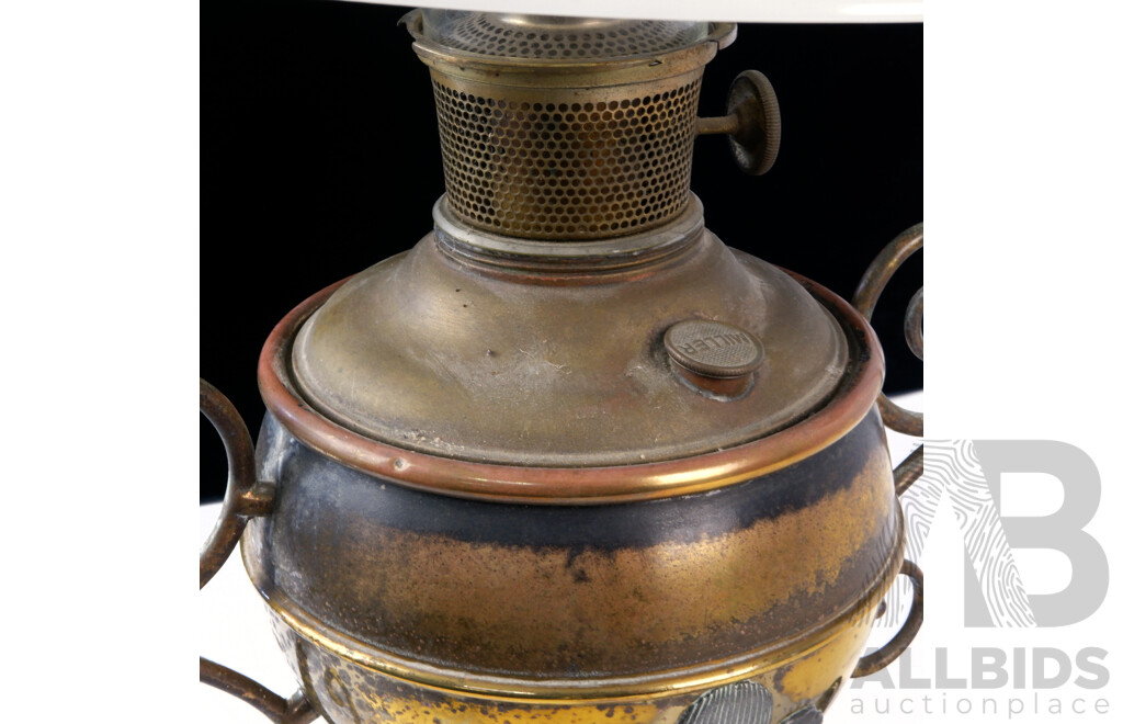 Fantastic Antique Miller Juno Lamp Hanging Oil Lamp with Brass and Copper Fittings, Glass Shade, Glass Chimney and Ceiling Rose with Adjustable Hanging Mechanism