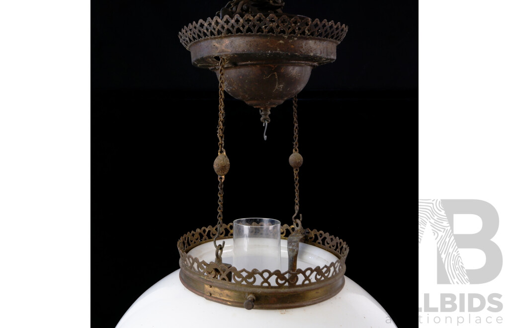 Fantastic Antique Miller Juno Lamp Hanging Oil Lamp with Brass and Copper Fittings, Glass Shade, Glass Chimney and Ceiling Rose with Adjustable Hanging Mechanism