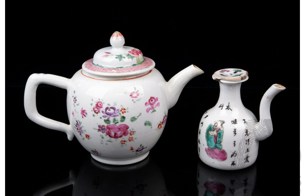 Antique Chinese Porcelain Export Ware Famille Rose Lidded Teapot, Circe Late 18th Century, Along with Another Antique Chinese Porcelain Hand Decorated Piece