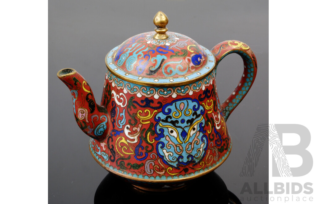 Antique Chinese Cloisonne Enamel Lidded Teapot with Mask Motif