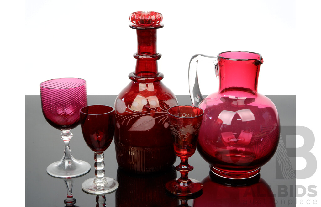 Collection Antique Ruby Glass Including Decanter with Etched Decoration and Stopper, Clear Handled Jug and More