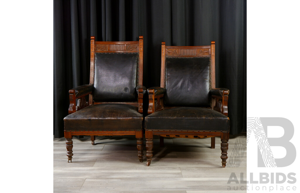 Pair of Edwardian Engraved Leather Armchairs