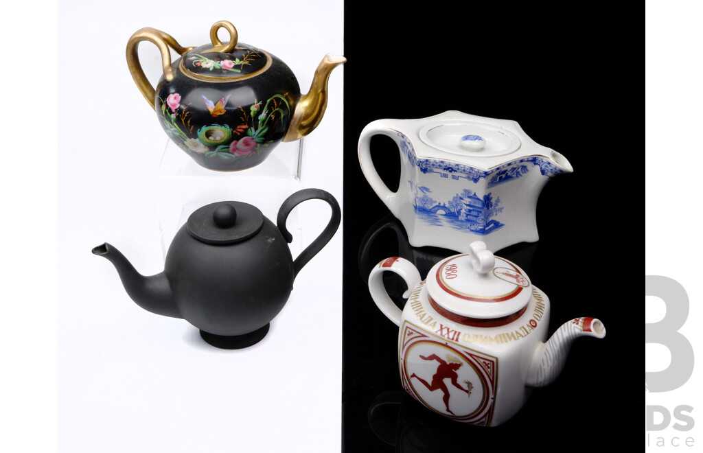 Collection Four Porcelain Lidded Teapots Including Black Wedgwood Example, Winton Ware Blue & White Example, Russian Olympic Example and More