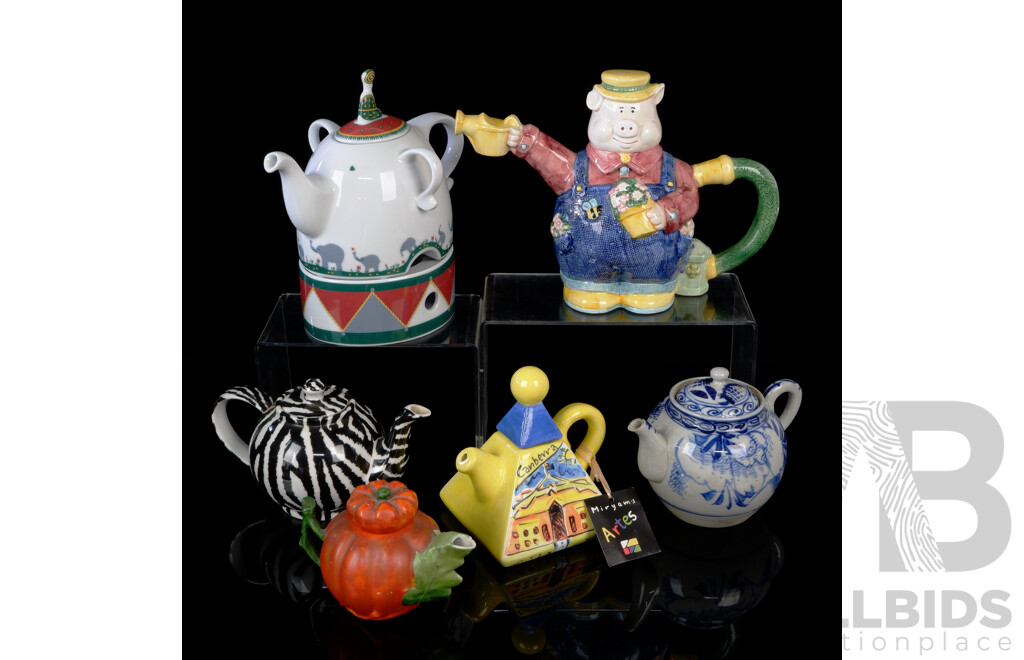 Collection Porcelain Lidded Teapots Including Novelty Examples, Hand Painted Blue and White Example and More