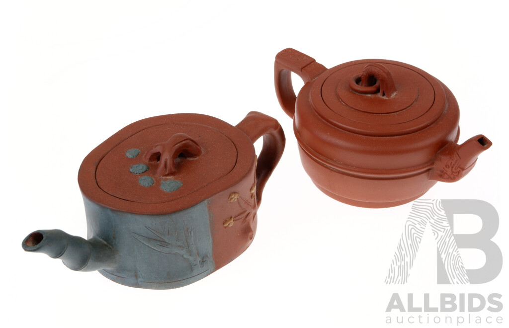 Two Chinese Yi Xing Small Teapots, Character Stamps to Bases