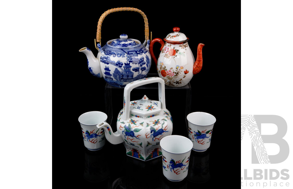 Collection Vintage and Other Chinese Teapots Comprising Blue & White Example, Vintage Hand Painted Example & Hexagonal Form Example with Three Matching Tumblers