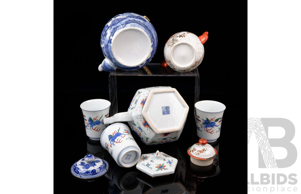 Collection Vintage and Other Chinese Teapots Comprising Blue & White Example, Vintage Hand Painted Example & Hexagonal Form Example with Three Matching Tumblers