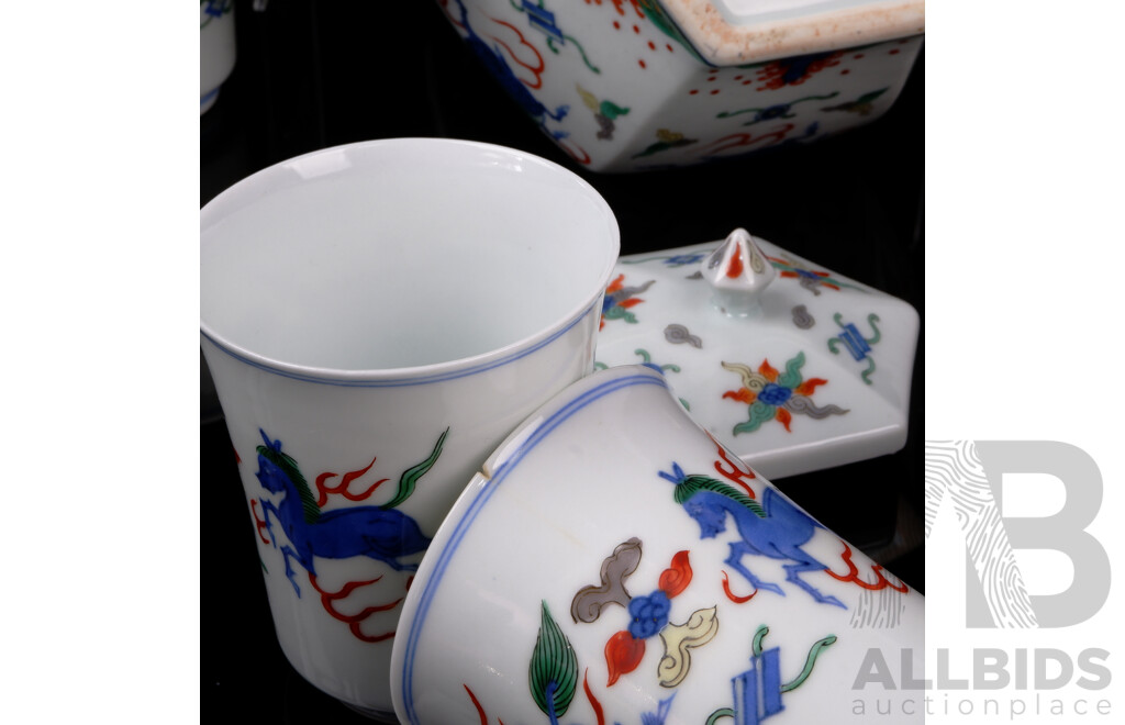 Collection Vintage and Other Chinese Teapots Comprising Blue & White Example, Vintage Hand Painted Example & Hexagonal Form Example with Three Matching Tumblers