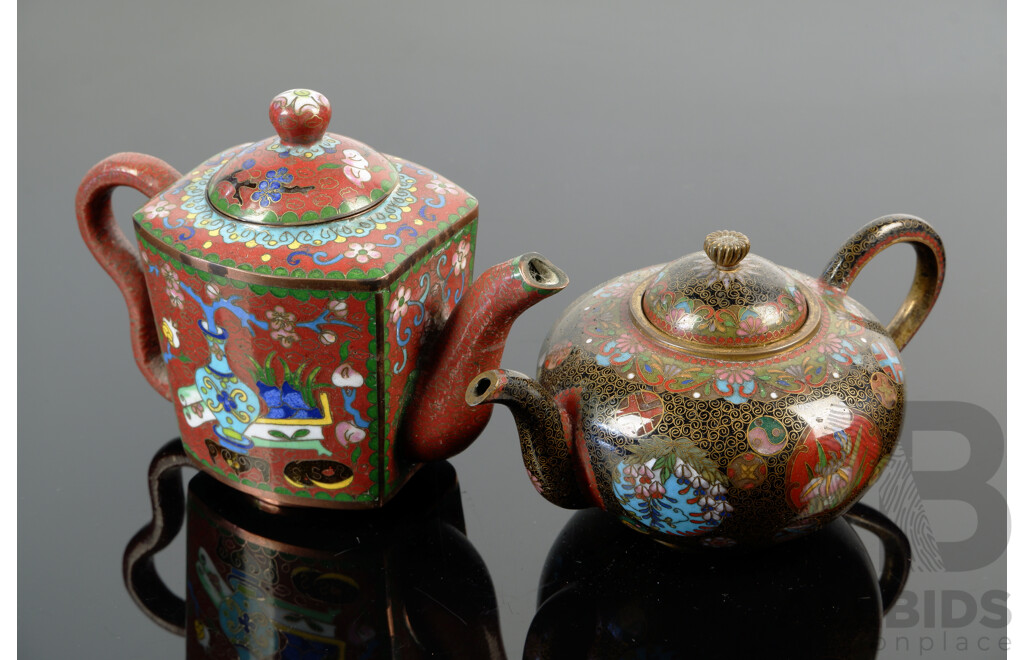 Two Vintage Chinese Cloisonne Teapots