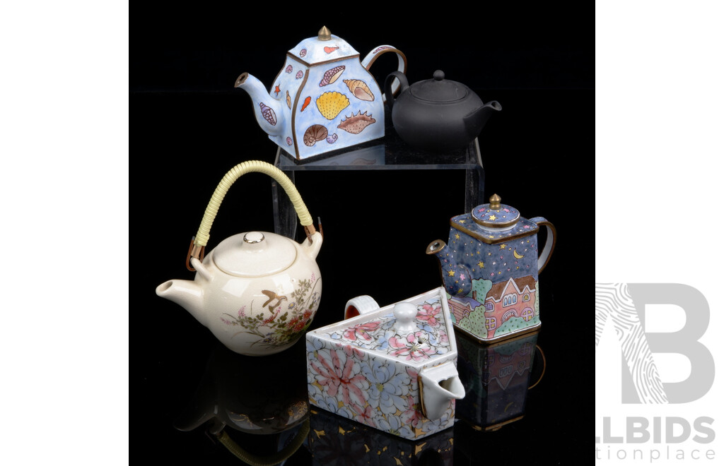 Collection Five Miniature Teapots Comprising Two Enameled Metal Examples, Black Wedgwood Example, Japanese Satsuma Example and Triangular Example with Floral Detail