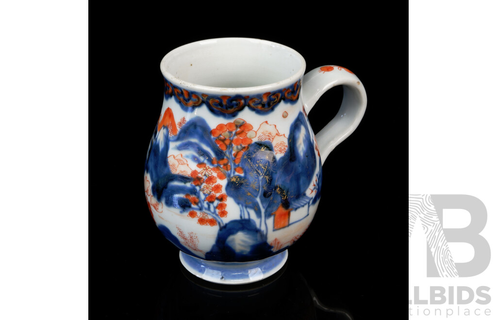 Antique Chinese Porcelain Export Ware Tea Mug with Blue and Coral Red Underglaze, Circa 18th Century