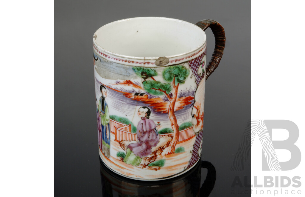 Antique Chinese Porcelain Export Ware Tankard with Bronze Handle, Circa 1780